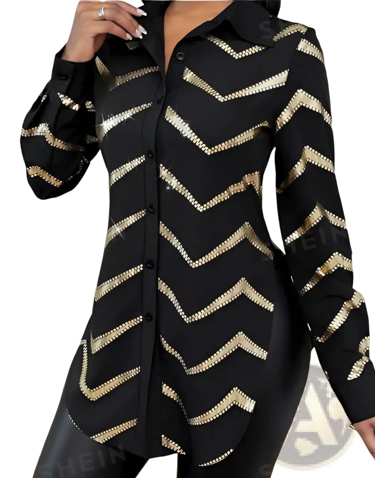 Black lyxana blouse with long sleeves gold zigzag sequin patterns and cinched waist detail in button-up style