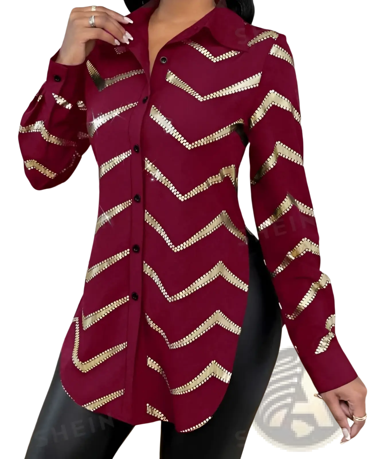 A maroon long-sleeved Lyxana blouse with gold sequin zigzag patterns and a cinched waist made of shimmering fabric