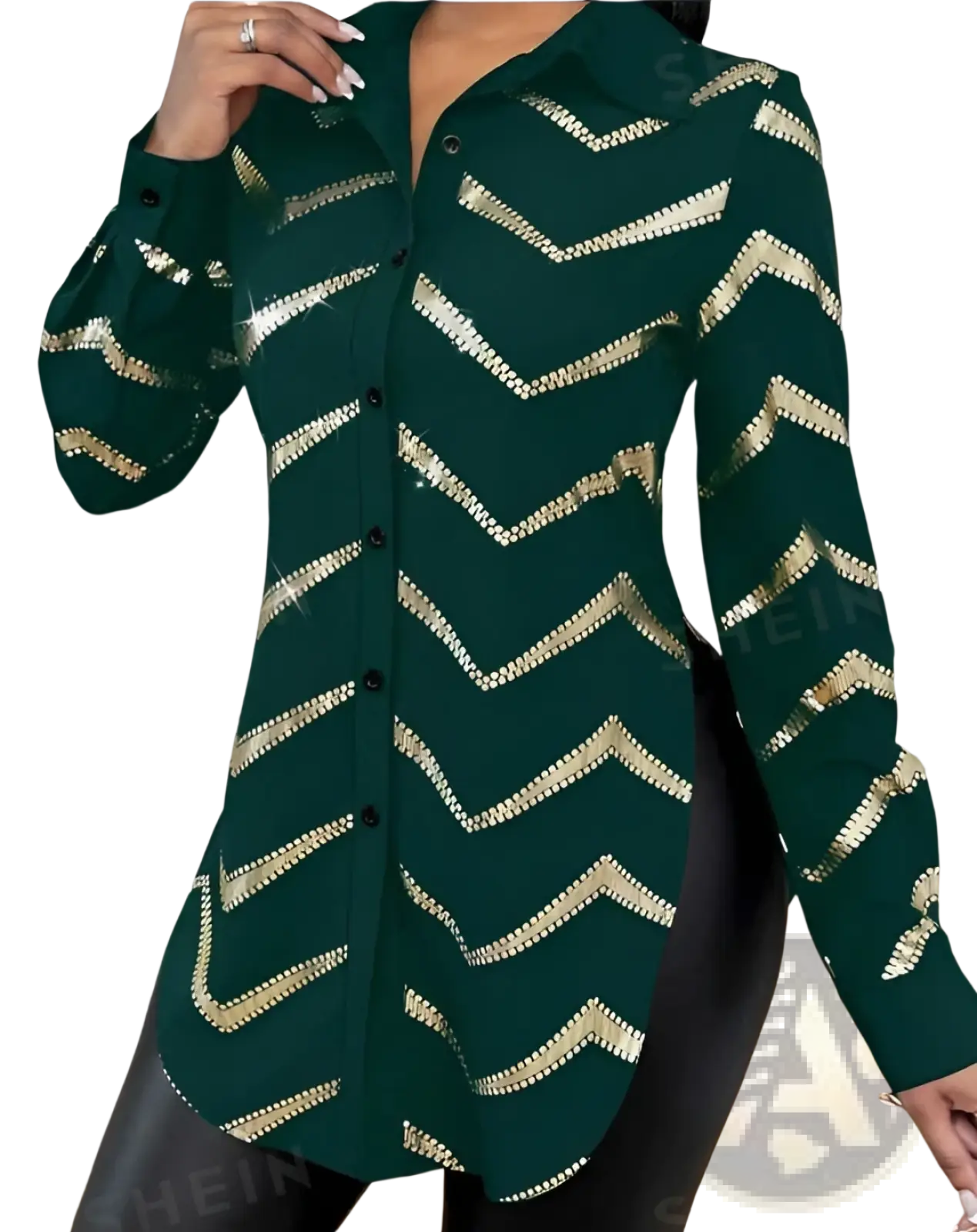 Lyxana gold sequin zigzag cinched waist blouse in dark green with long sleeves and bold gold sequin zigzag pattern