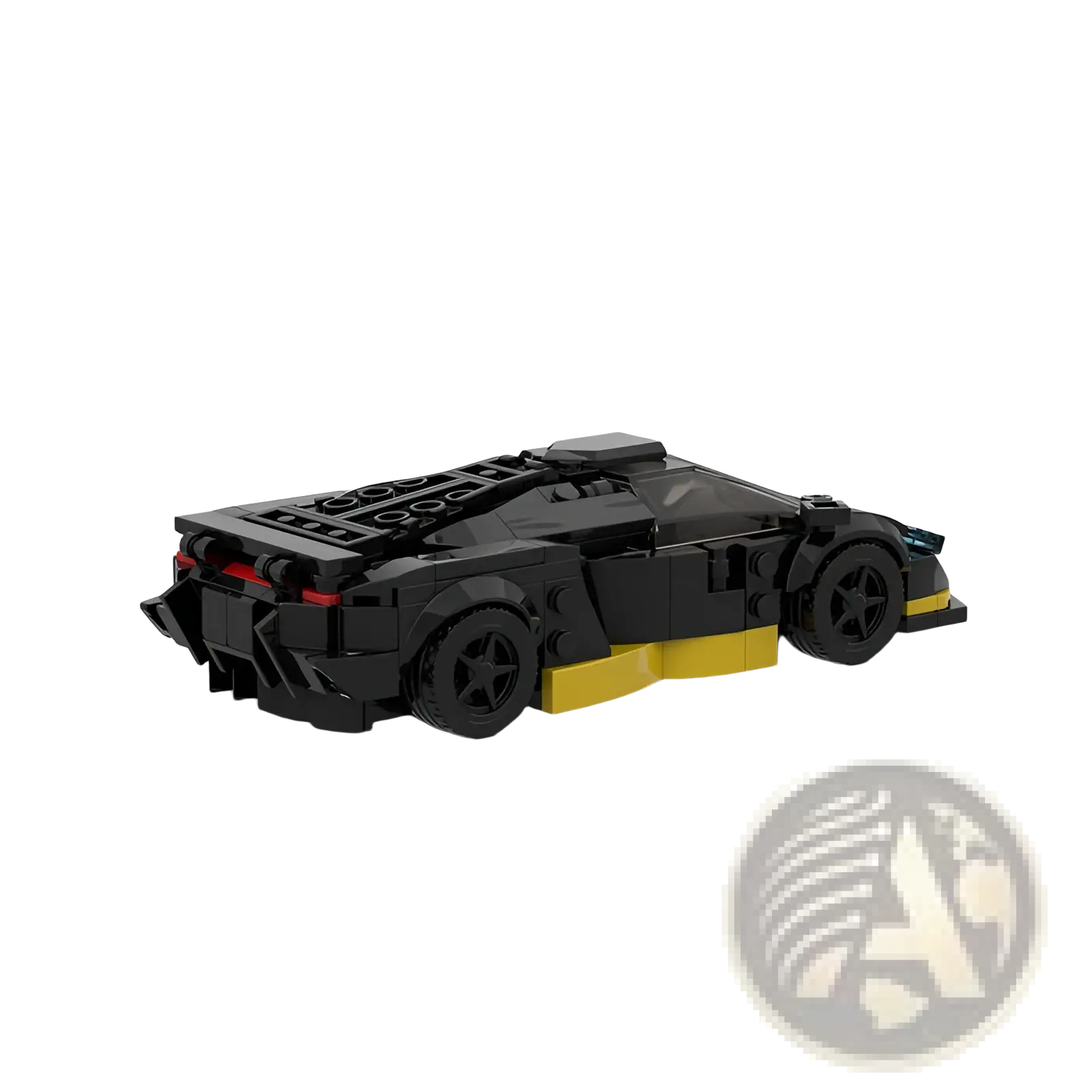 Black and yellow lego racing car building block set 326 pieces showing the back side with red taillights