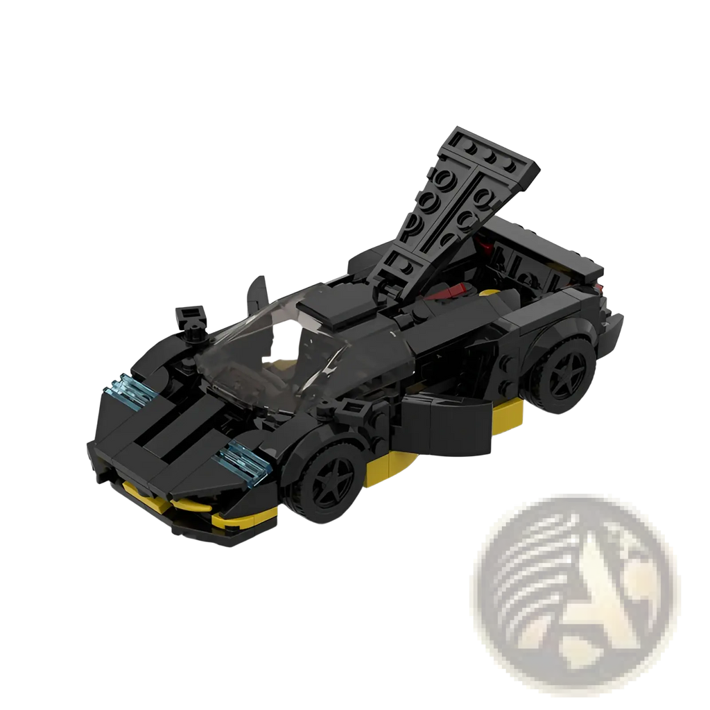 Black and yellow Lego technic sports car with transparent canopy open hood and detailed interior from M10271 set