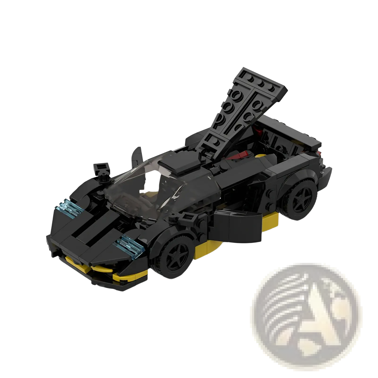 Black and yellow Lego technic sports car with transparent canopy open hood and detailed interior from M10271 set