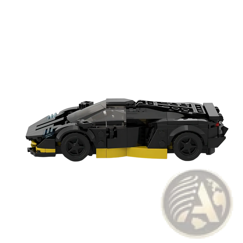Black and yellow lego model of a Lamborghini Huracán from the M10271 Racing Car Building Block Set with 326 pieces