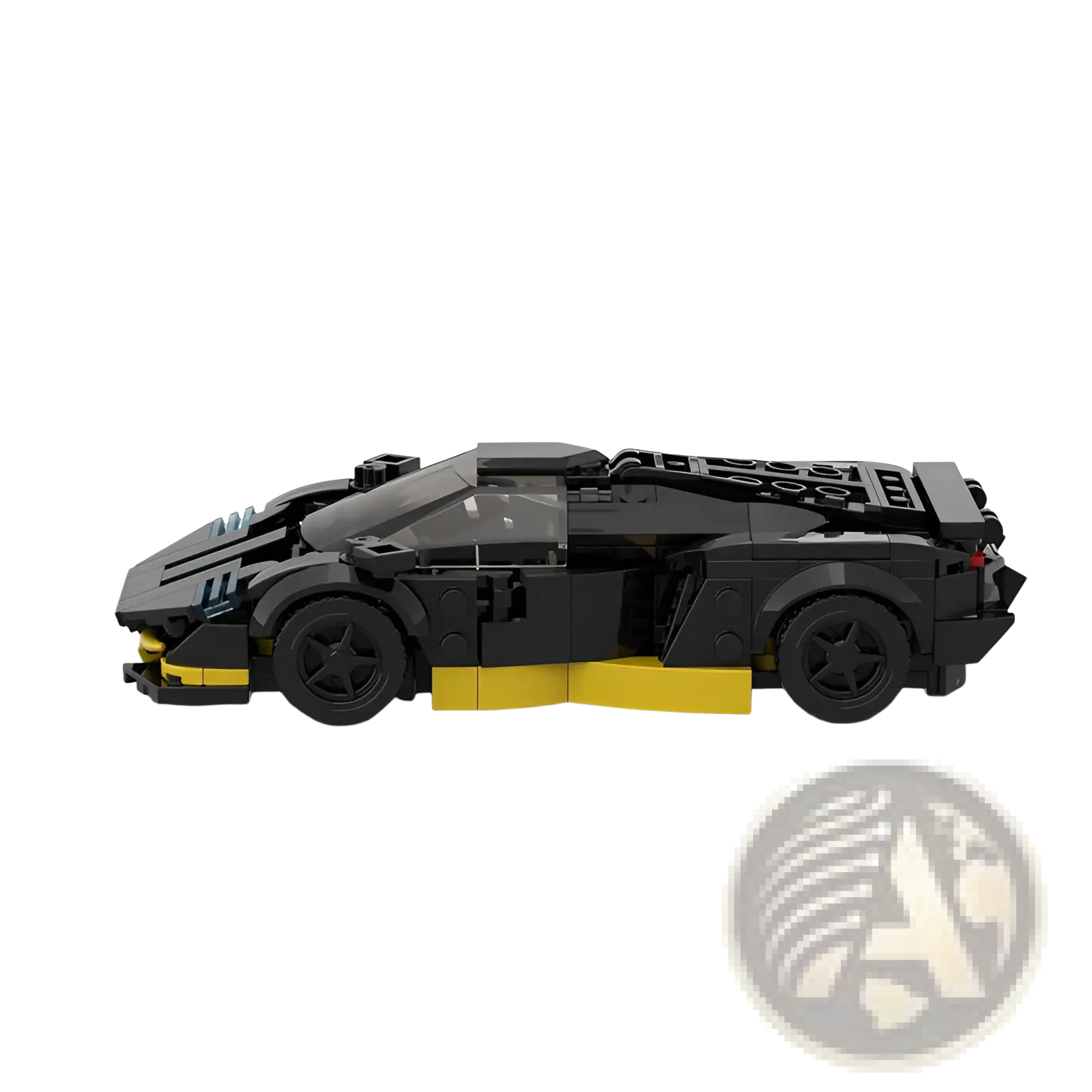 Black and yellow lego model of a Lamborghini Huracán from the M10271 Racing Car Building Block Set with 326 pieces