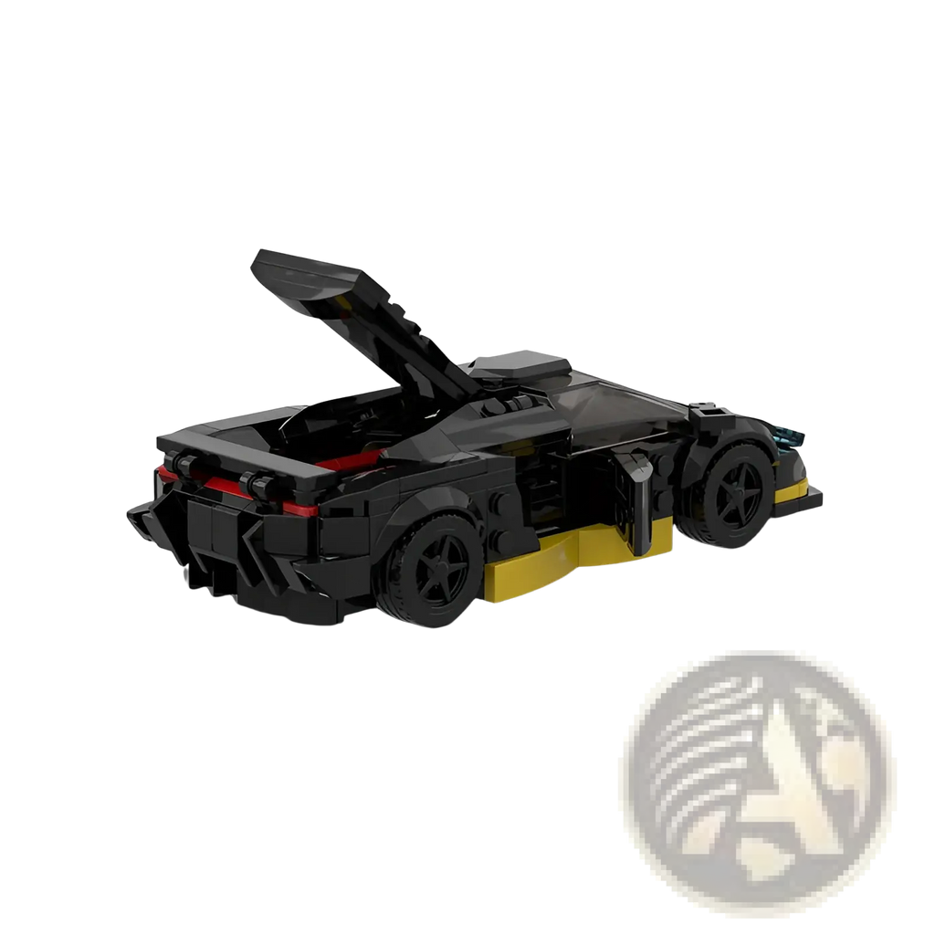 Black and yellow lego sports car model rear side with open hatch from m10271 racing car building block set 326 pieces