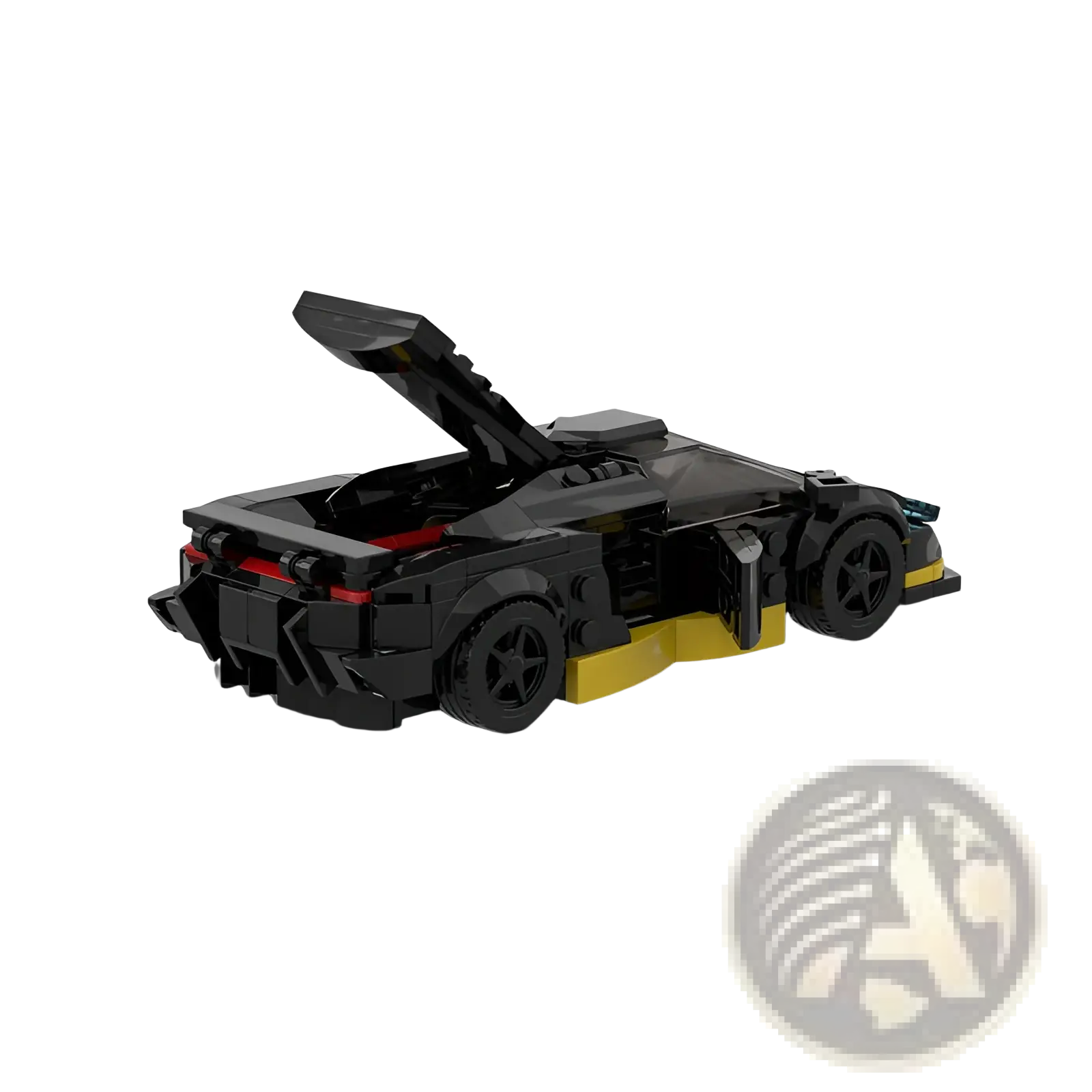 Black and yellow lego sports car model rear side with open hatch from m10271 racing car building block set 326 pieces