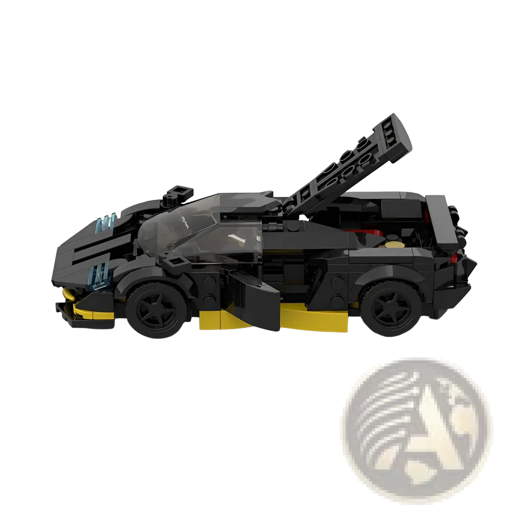 Black and yellow lego technic futuristic sports car model with open rear door showing back side from m10271 set