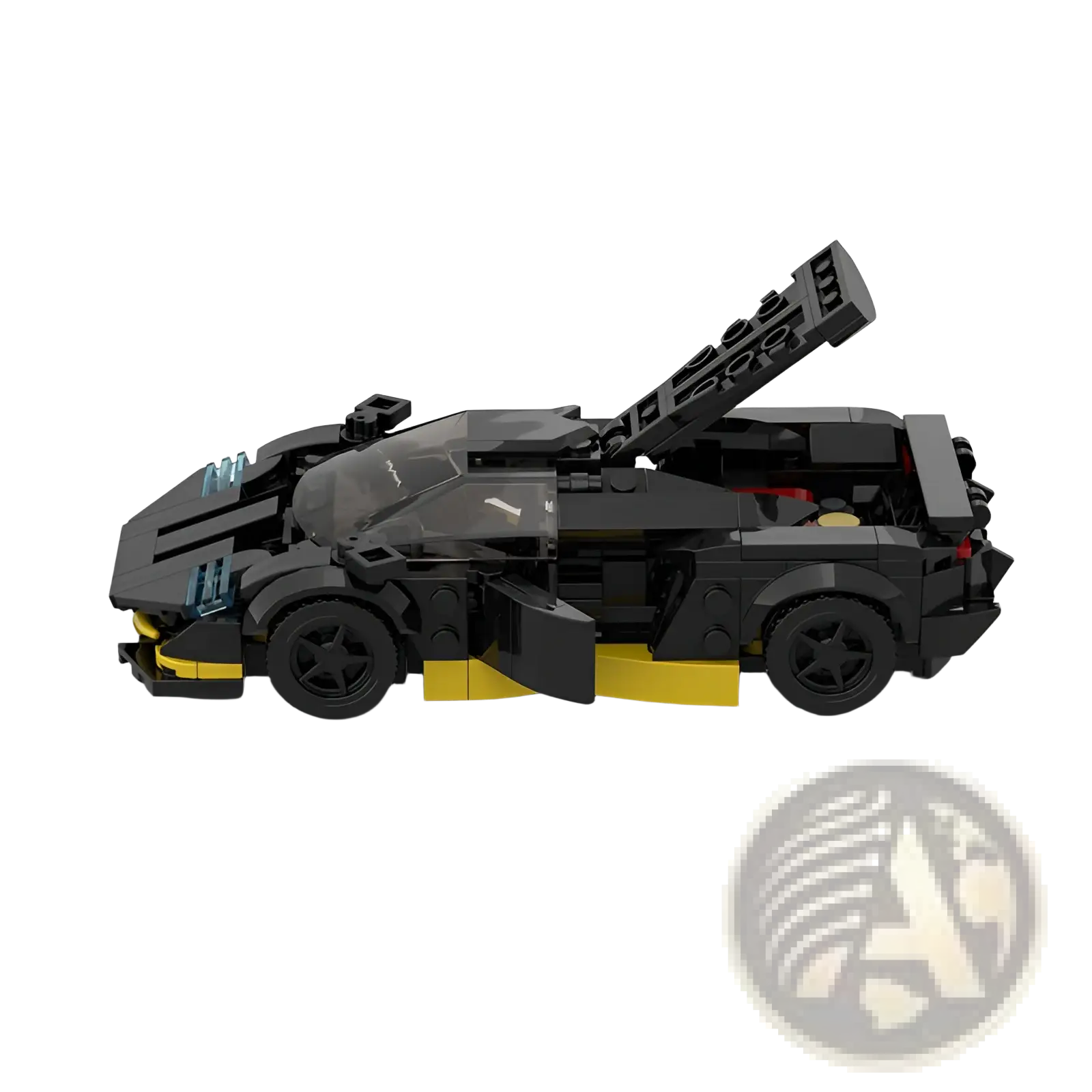 Black and yellow lego technic futuristic sports car model with open rear door showing back side from m10271 set