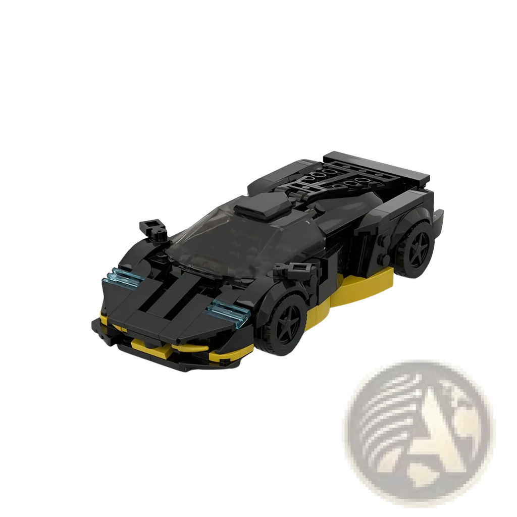 Black and yellow lego futuristic sports car model with transparent blue accents from M10271 racing car building set 326 pieces