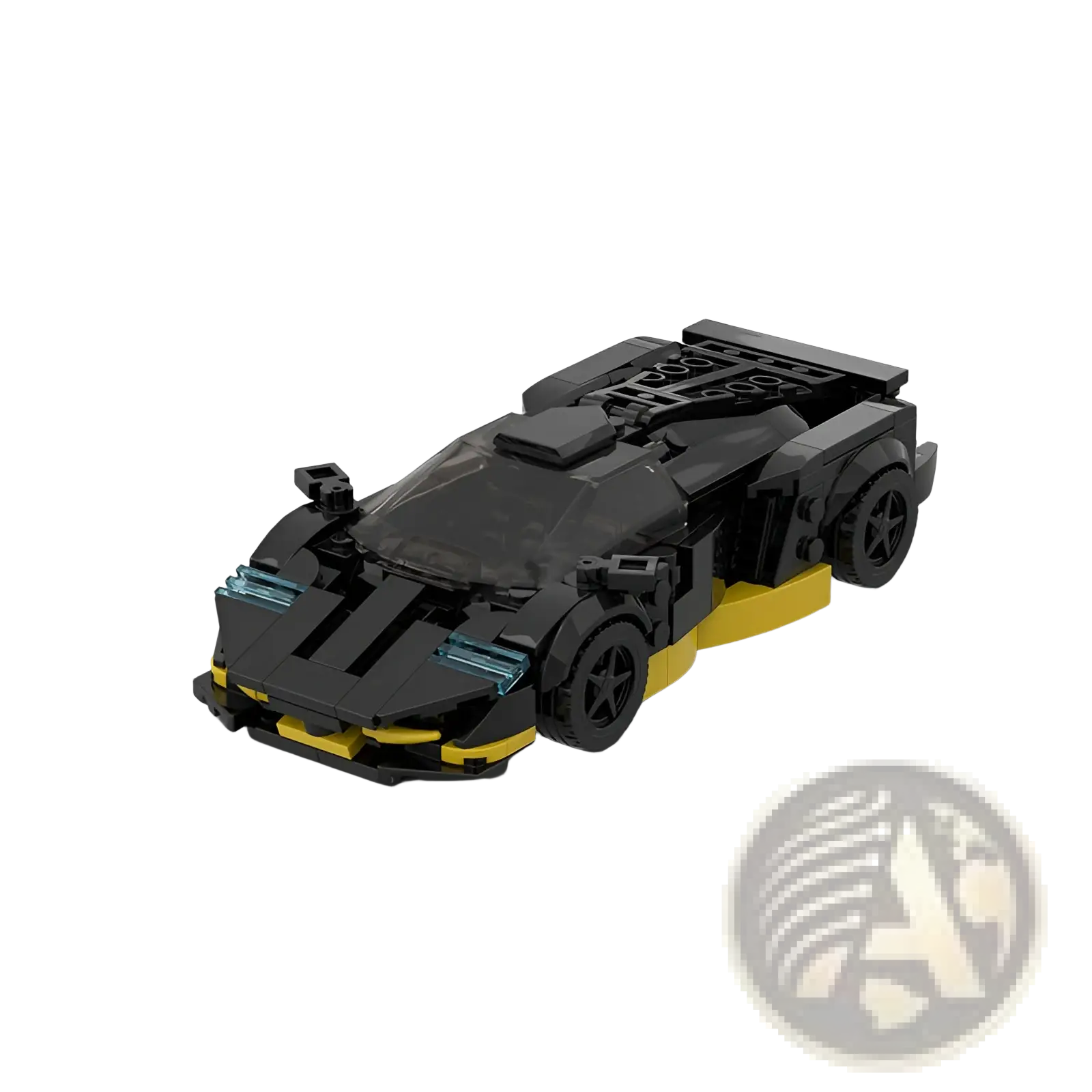 Black and yellow lego futuristic sports car model with transparent blue accents from M10271 racing car building set 326 pieces