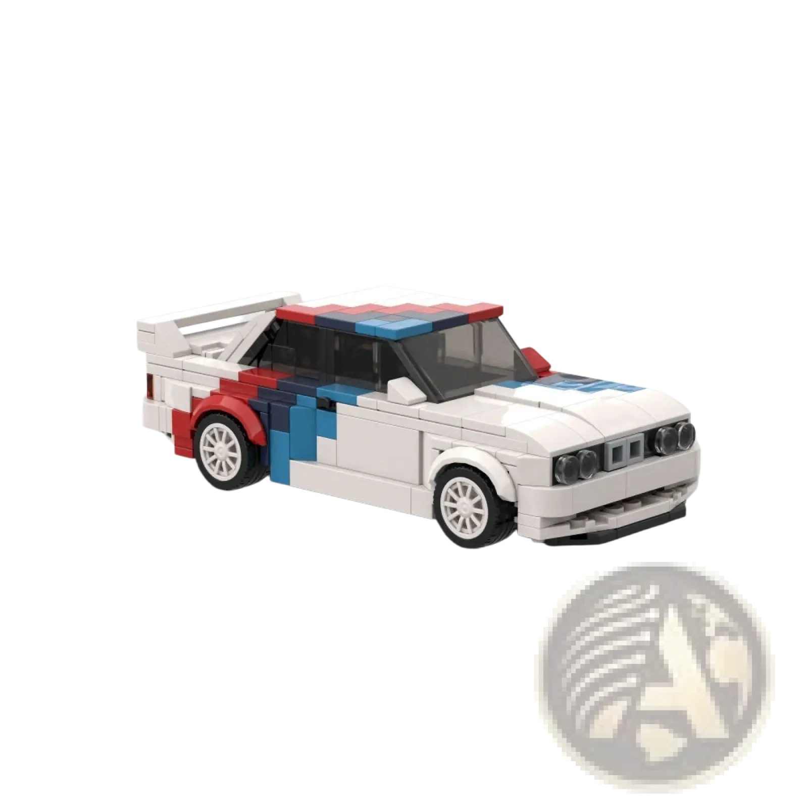 White lego-built m3 sports car rally racer featuring red and blue pixelated racing stripes with 355 pieces