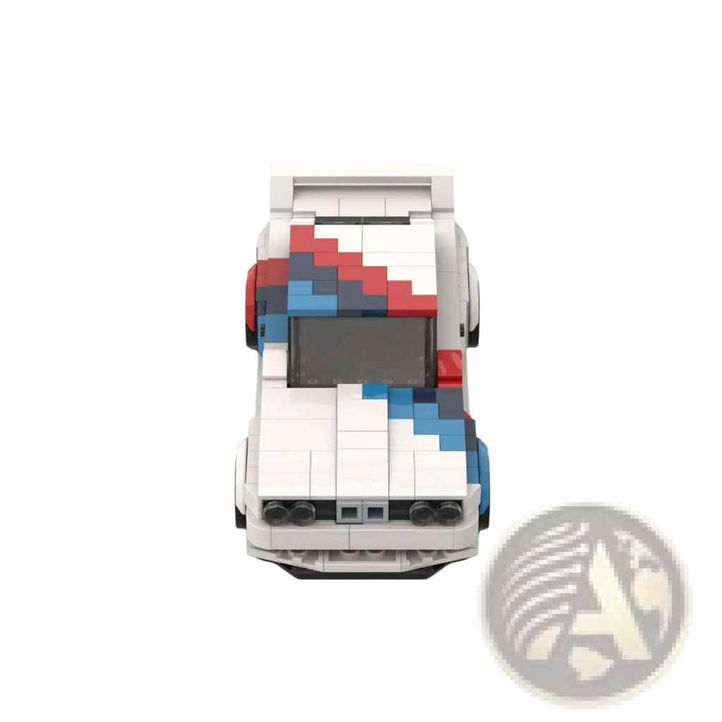 White lego brick-built m3 sports car with red and blue pixelated graphics for speed rally racing 355pcs set