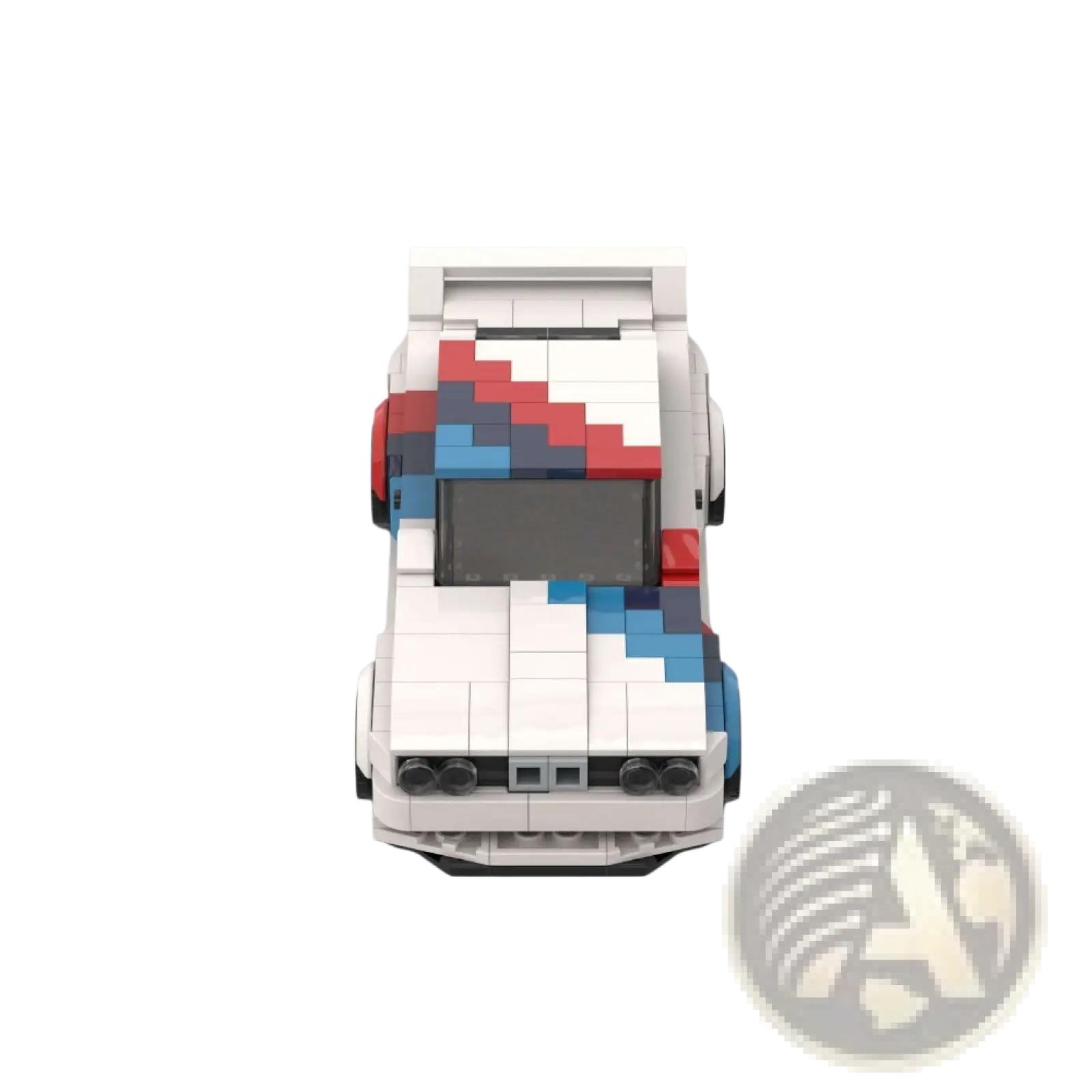 White lego brick-built m3 sports car with red and blue pixelated graphics for speed rally racing 355pcs set
