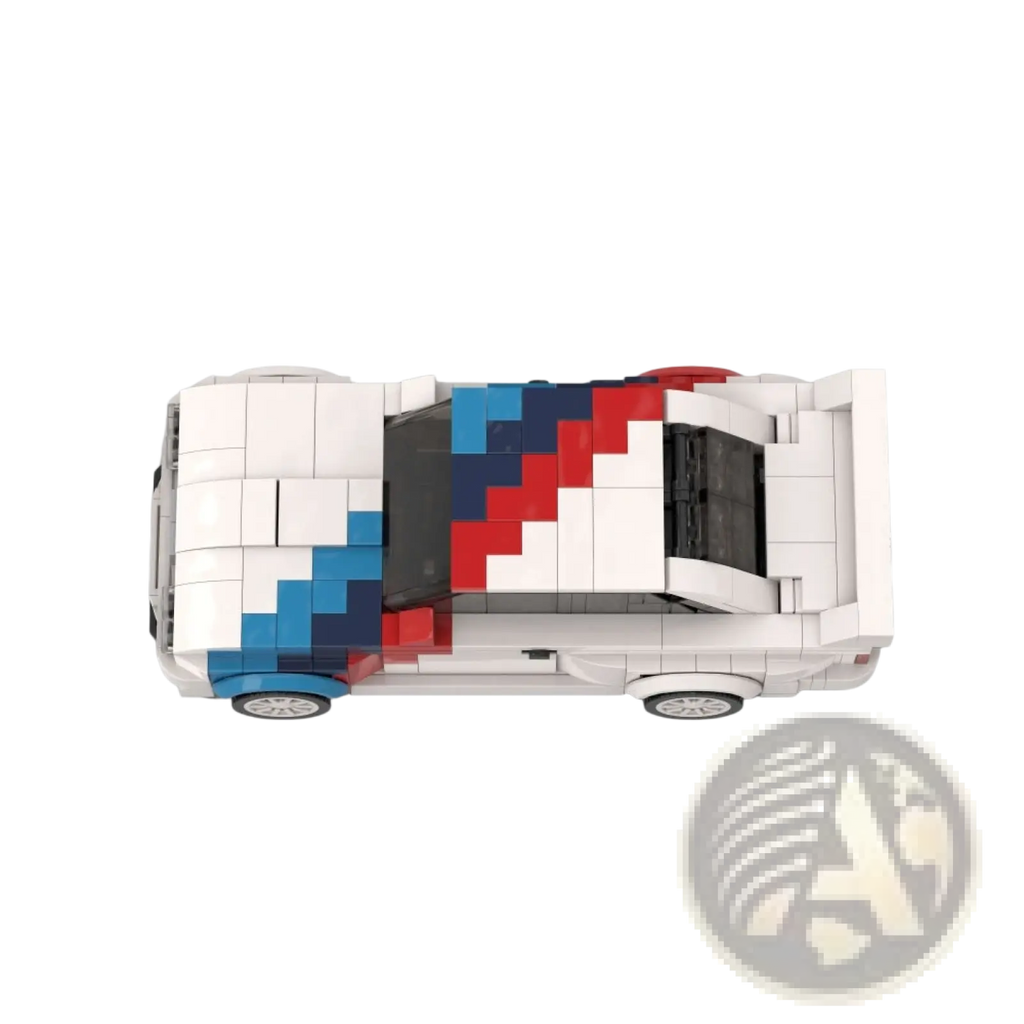 White lego built m3 sports car rally racer with red and blue pixelated racing stripes 355pcs building blocks set