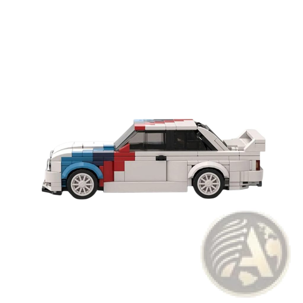 White lego M3 sports car building blocks rally racer with blue and red stripes black roof and spoiler 355pcs view
