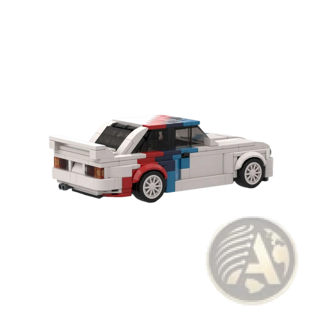 White lego-built bmw e30 m3 with red and blue racing stripes building blocks for speed rally racer 355pcs set