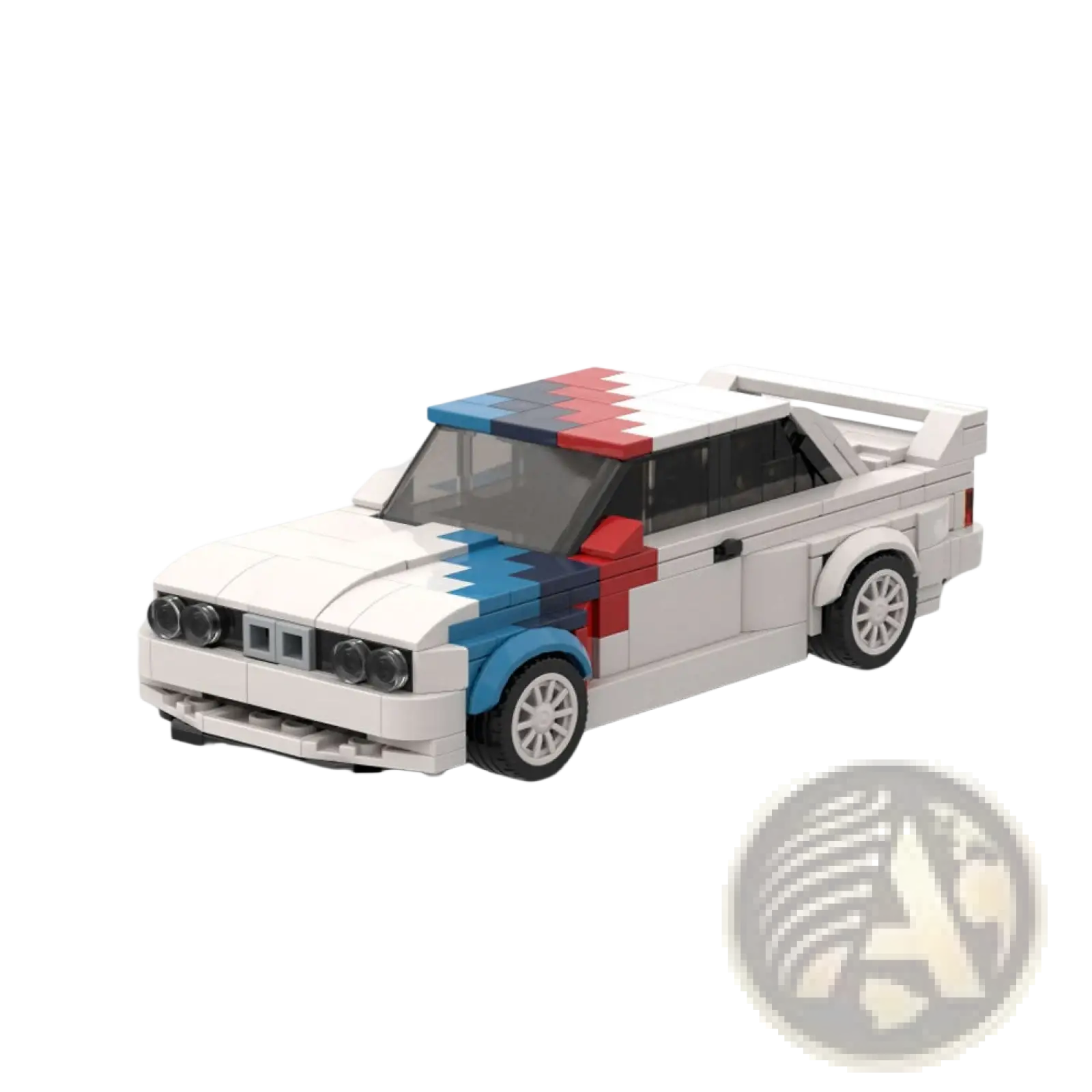 White lego-built bmw e30 m3 model with blue and red racing stripes for the m3 sports car building blocks set 355pcs