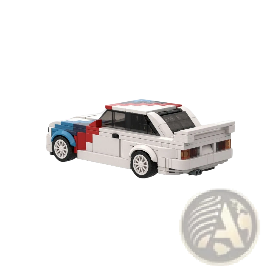 White lego built m3 sports car rally racer with red and blue stripes rear spoiler and detailed wheels 355pcs