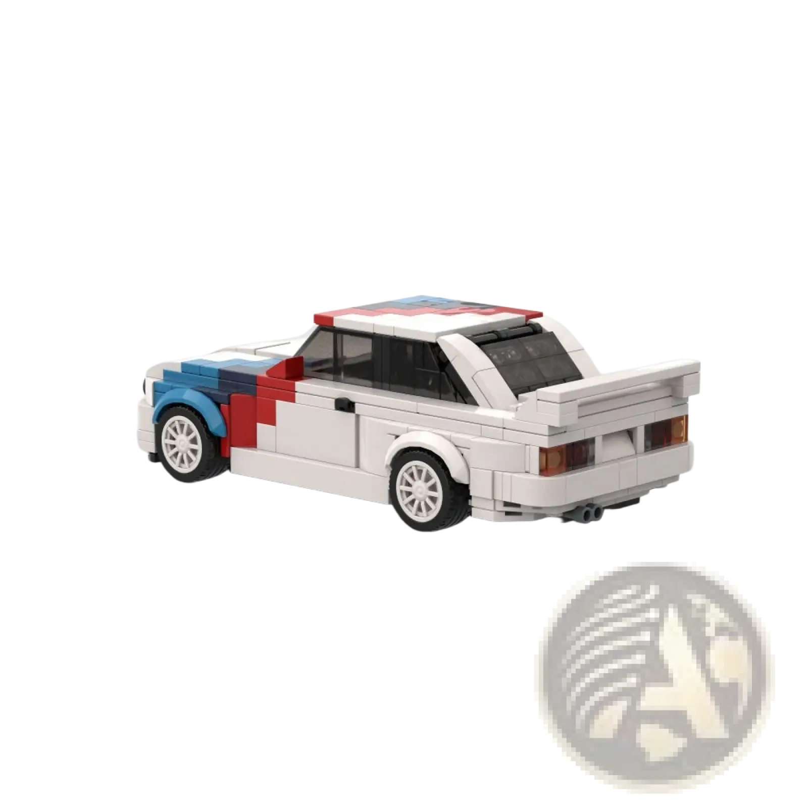 White lego built m3 sports car rally racer with red and blue stripes rear spoiler and detailed wheels 355pcs