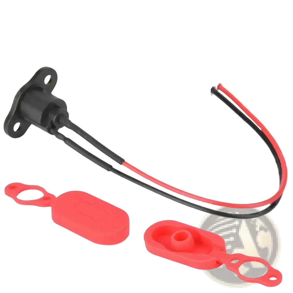 Black plastic electric connector with red and black wires and two red silicone caps for m365 scooter charging port replacement