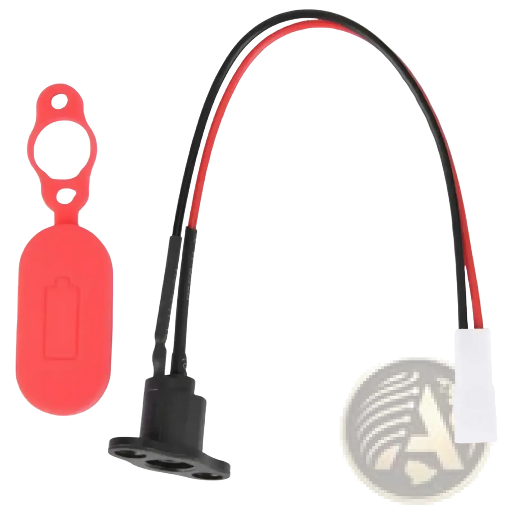 Red silicone battery cover with circular cutout and black plastic base with wires for M365 electric scooter charging port