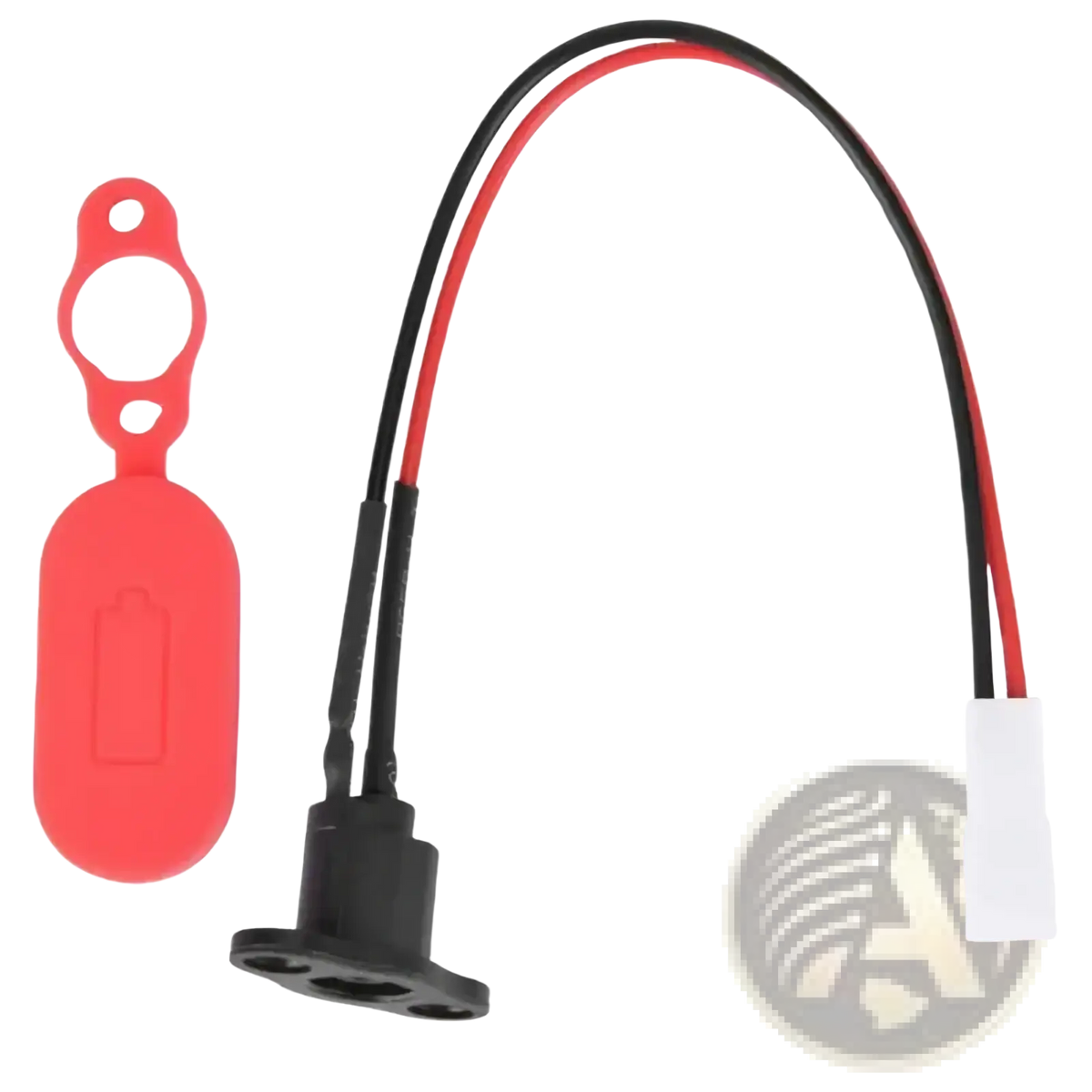 Red silicone battery cover with circular cutout and black plastic base with wires for M365 electric scooter charging port