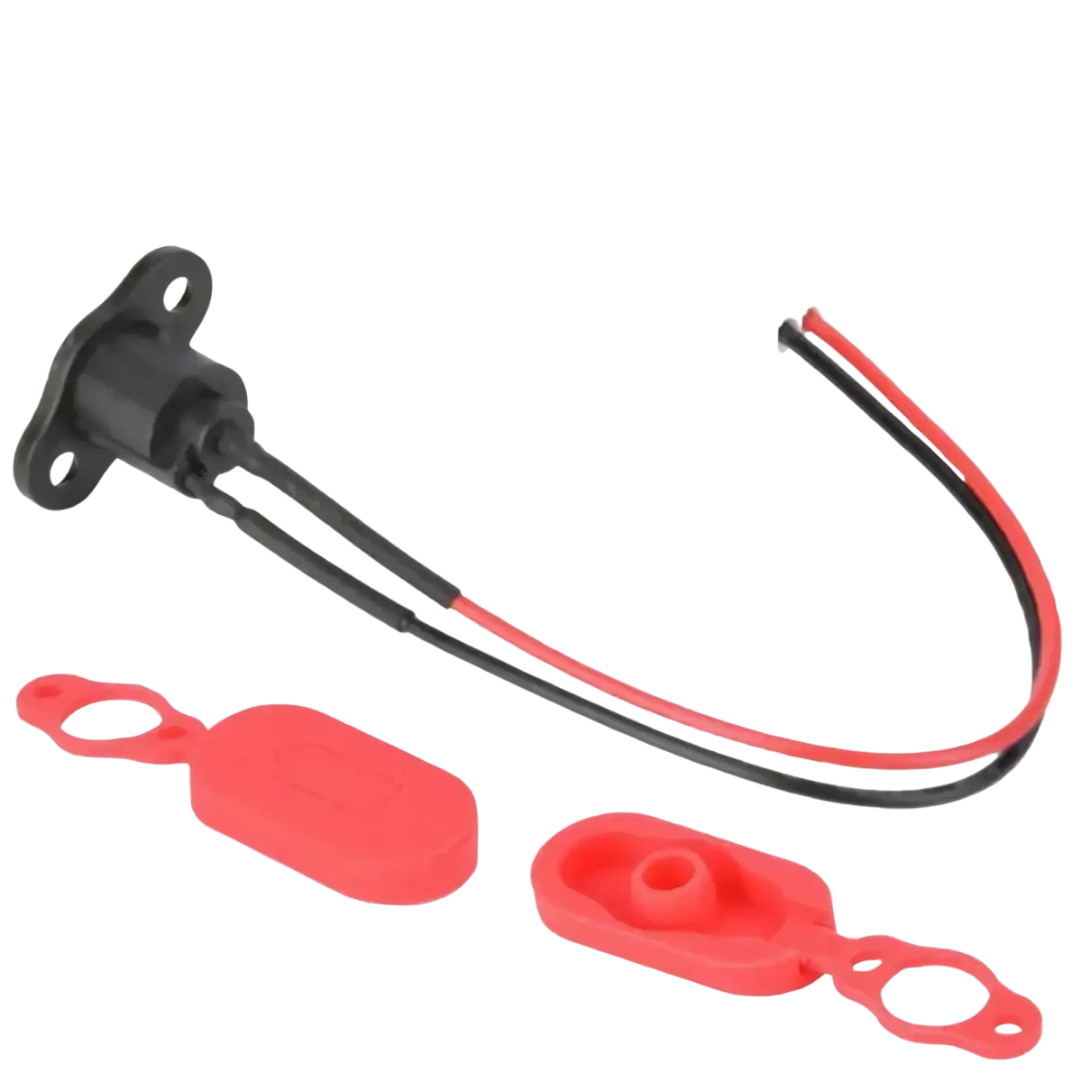 Black plastic electric connector with red and black wires and two red silicone caps for m365 scooter charging port replacement