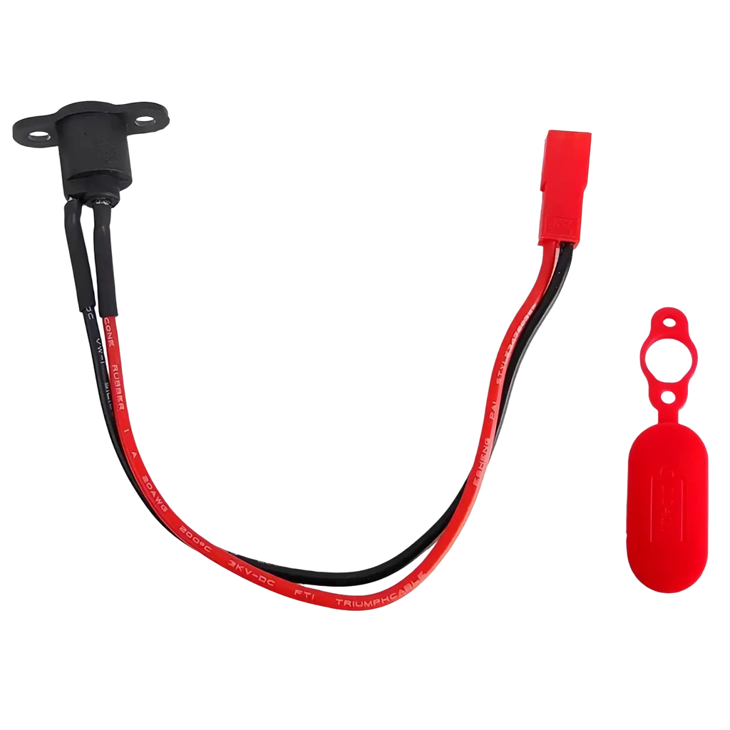 M365 electric scooter charging port replacement set with red and black triumphcable and red connector tag