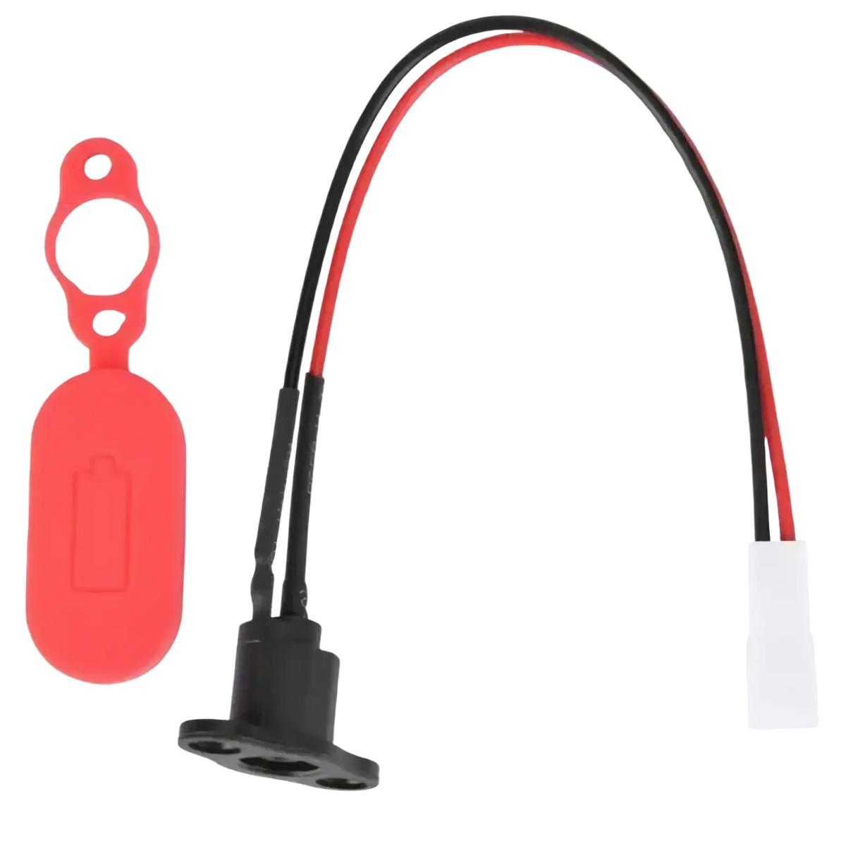 Red silicone battery cover with circular cutout and black plastic base with wires for M365 electric scooter charging port