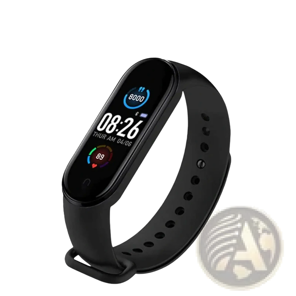Black silicone m4 smart fitness tracker with rectangular touchscreen displaying time steps and heart rate monitor