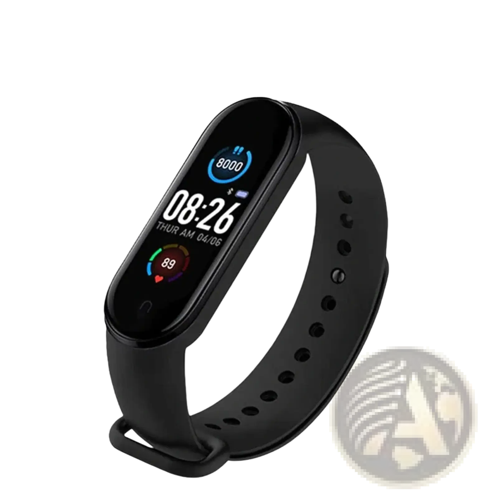 Black silicone m4 smart fitness tracker with rectangular touchscreen displaying time steps and heart rate monitor