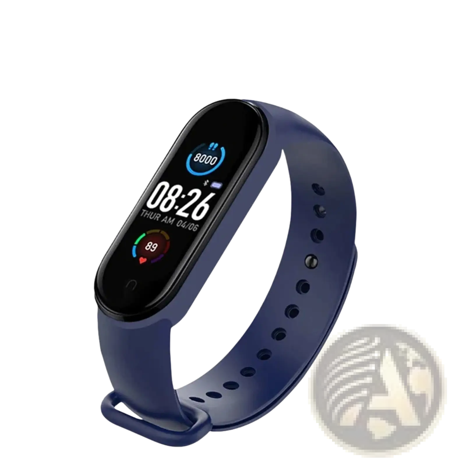 Navy blue silicone m4 smart fitness tracker with rectangular touchscreen showing time heart rate and sleep monitor