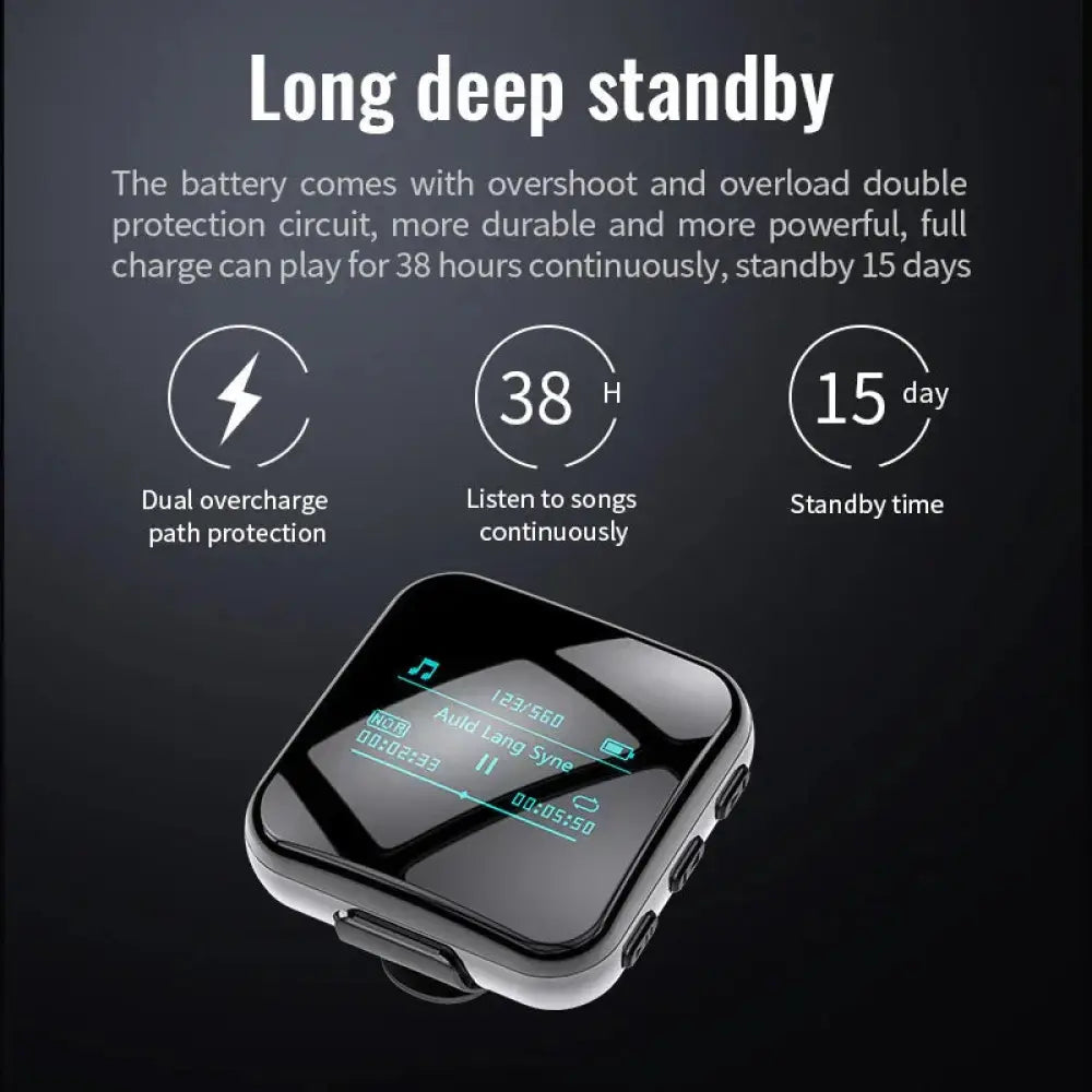 Black and silver square bluetooth earbud with glossy finish and illuminated digital display showing time and battery level