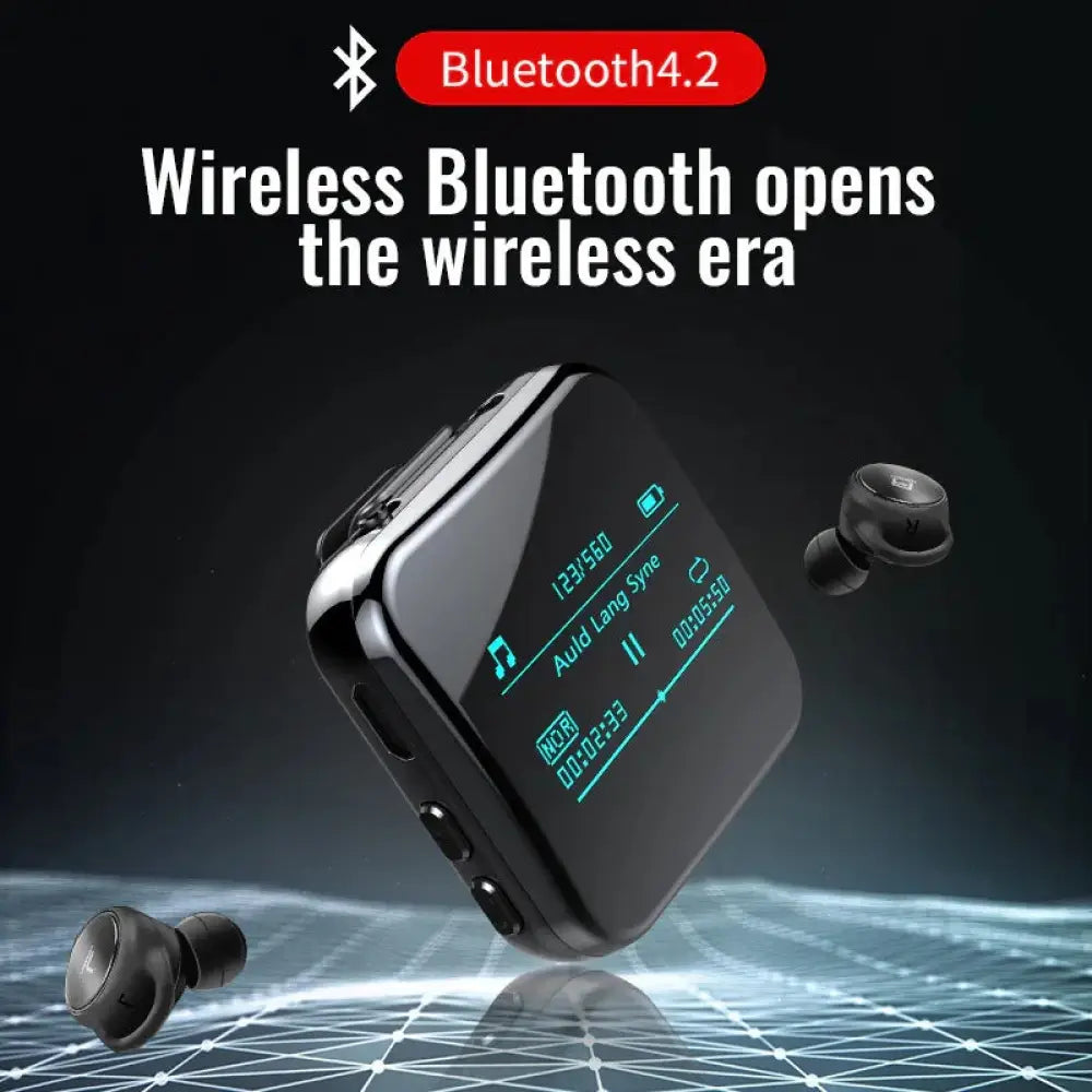 Black rectangular M8 smart HD noise reduction Bluetooth 4.2 wireless audio player with digital display and two black in-ear earbuds