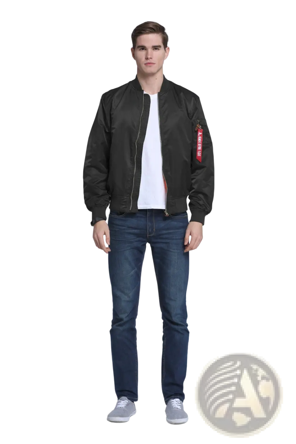 Black alpha industries ma1 pilot bomber jacket with red sleeve patch and silver zipper in casual stand collar style