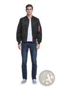 Black alpha industries ma1 pilot bomber jacket with red sleeve patch and silver zipper in casual stand collar style