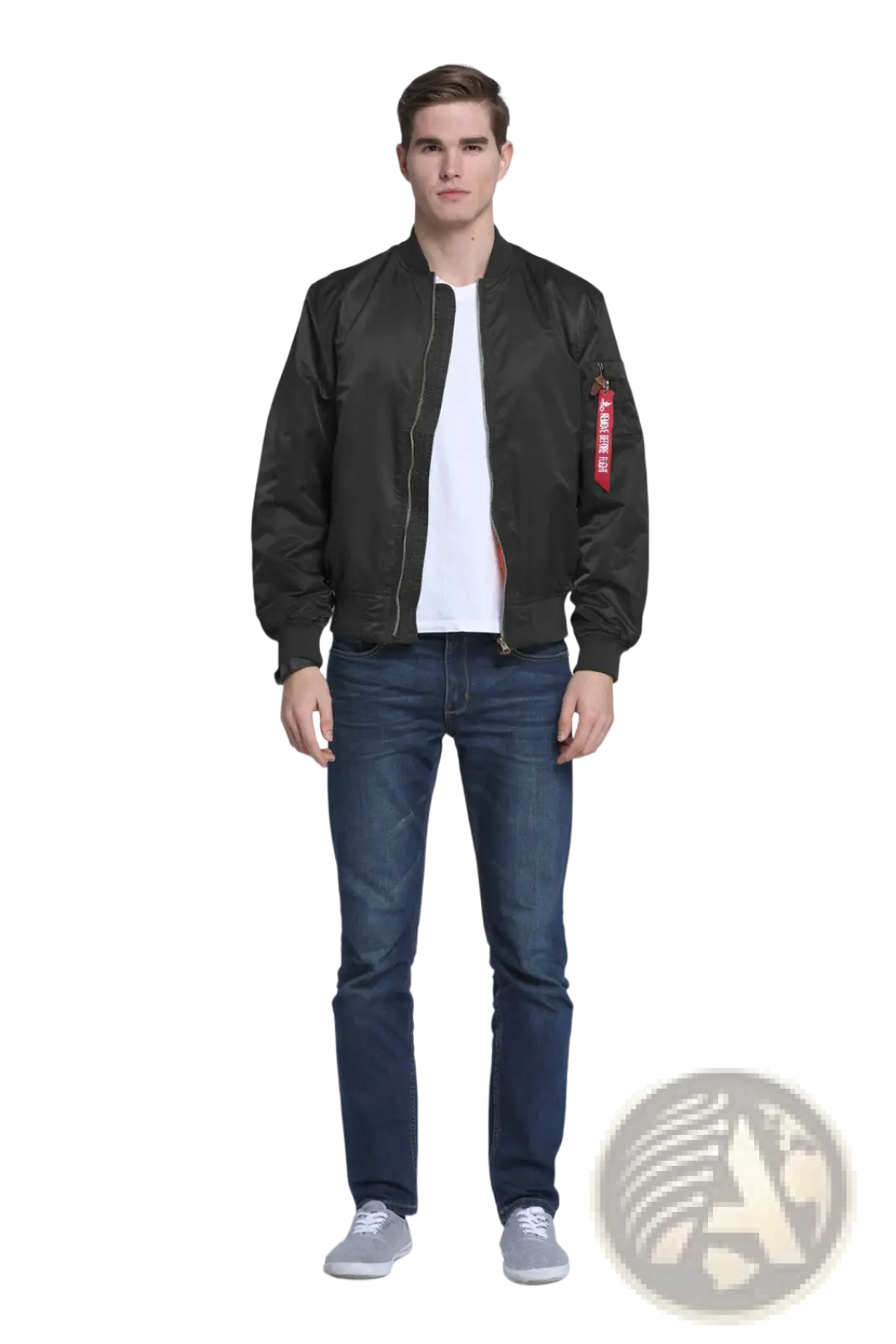 Black alpha industries ma1 pilot bomber jacket with red sleeve patch and silver zipper in casual stand collar style