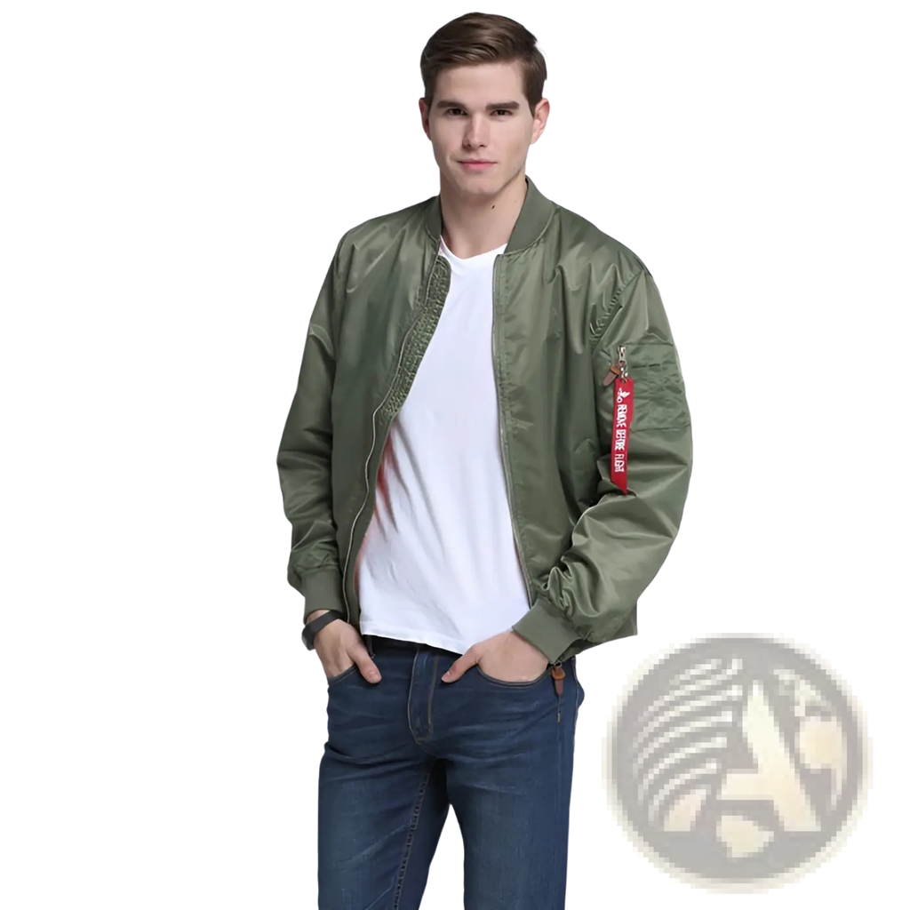Olive green ma1 pilot bomber jacket with red patch on left sleeve and casual stand collar design