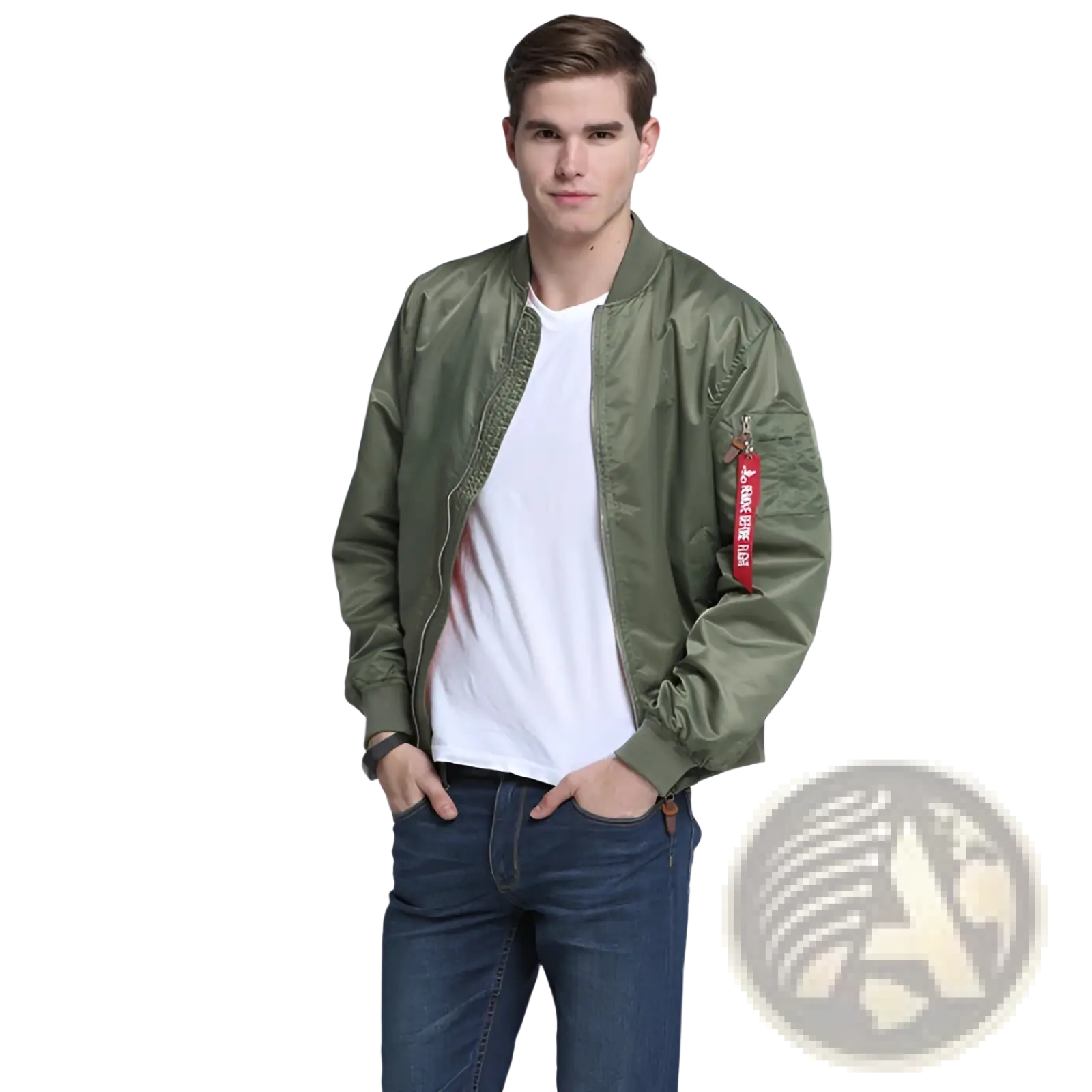 Olive green ma1 pilot bomber jacket with red patch on left sleeve and casual stand collar design