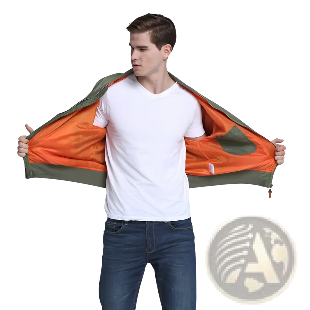 Olive green and orange ma1 pilot bomber jacket with nylon lining and casual stand collar for versatile wear
