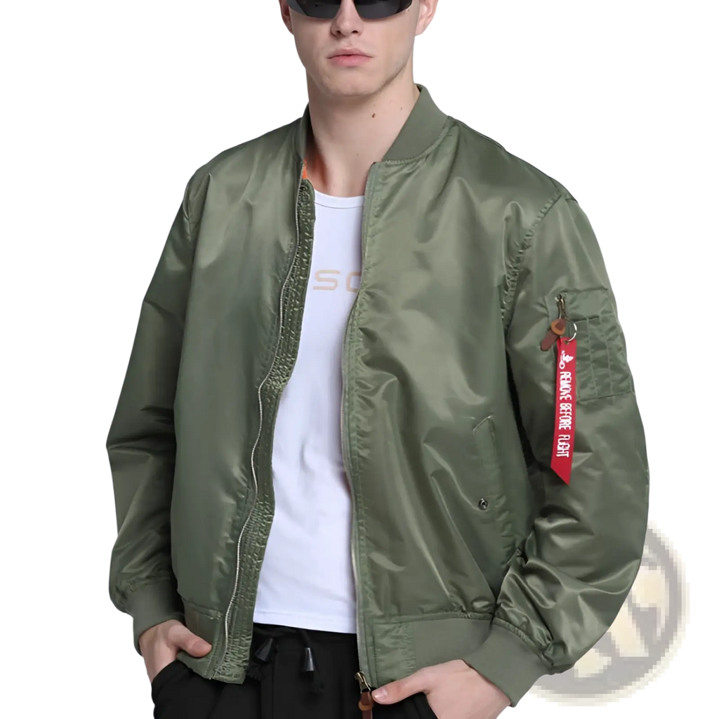 Olive green satin-finish ma1 pilot bomber jacket with casual stand collar and red patch on left sleeve