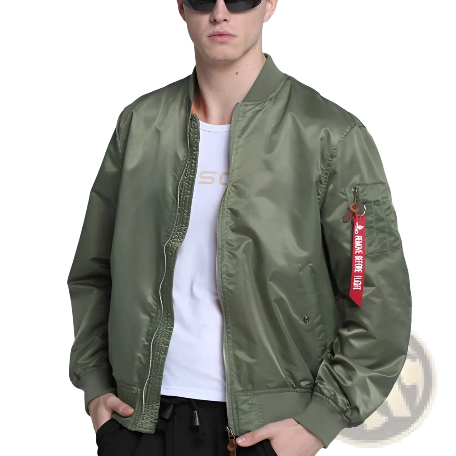 Olive green satin-finish ma1 pilot bomber jacket with casual stand collar and red patch on left sleeve