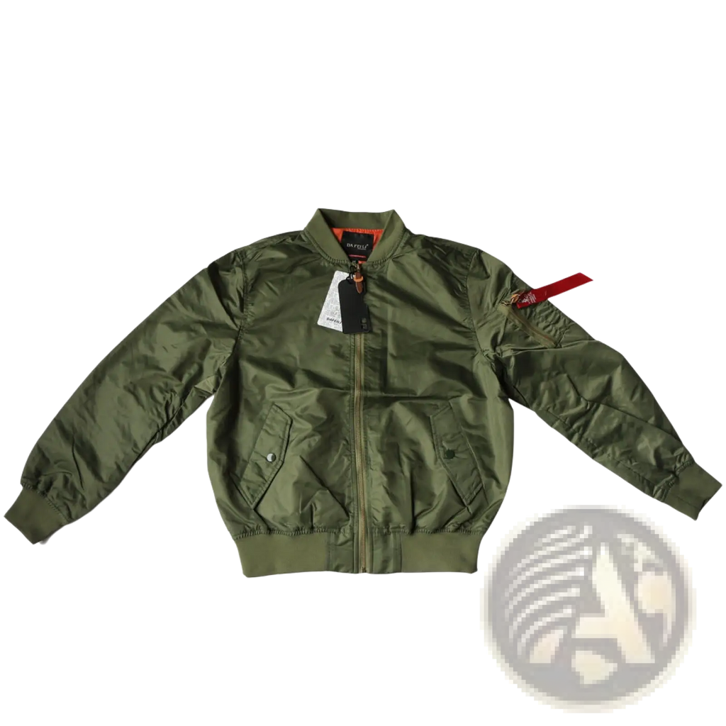 Olive green ma1 pilot bomber jacket in nylon with a red sleeve tab and black zipper pull for casual wear
