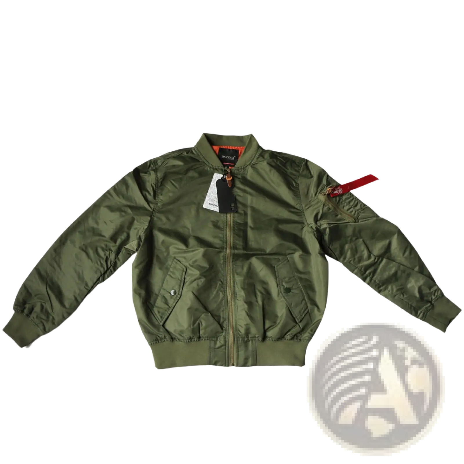 Olive green ma1 pilot bomber jacket in nylon with a red sleeve tab and black zipper pull for casual wear