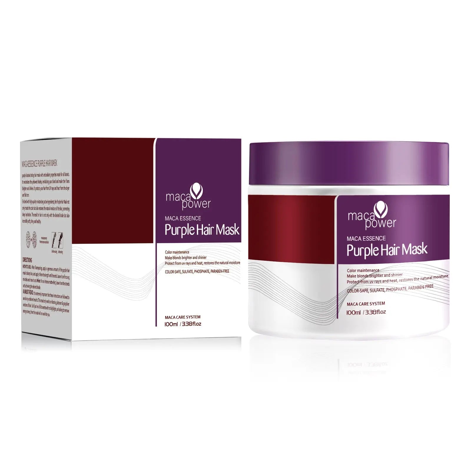 Purple and white maca power collagen hair mask in a sleek cylindrical jar with matching box for nourishing hair care
