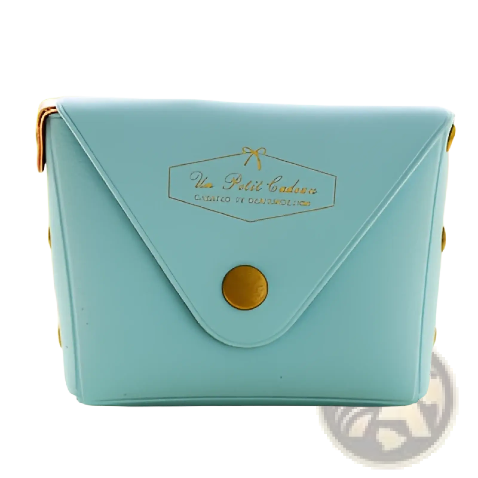 A light blue rectangular leather and pvc clutch purse with gold-tone button closure and embossed branding