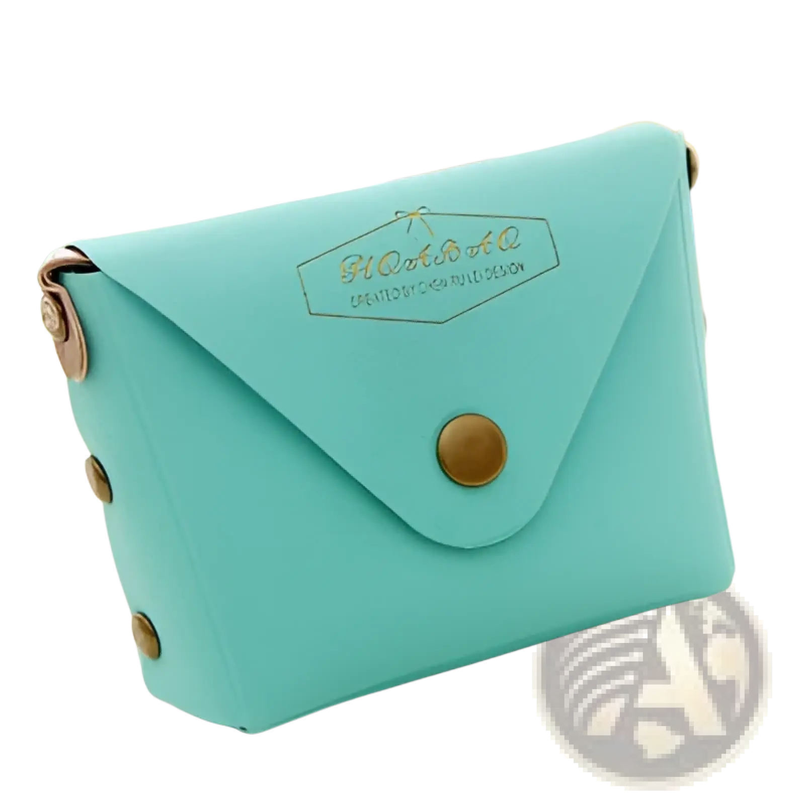 A mint green leather wallet with gold-tone hardware and flap closure from the Macaron Pastel leather and pvc coin purse set