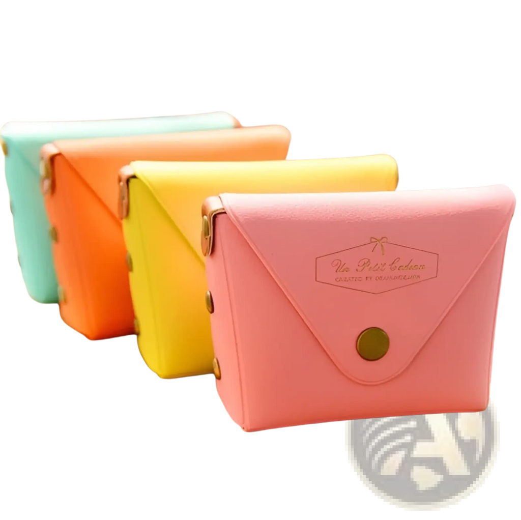 Pink faux leather envelope wallet with gold-tone clasp and embossed logo from macaron pastel coin purse set