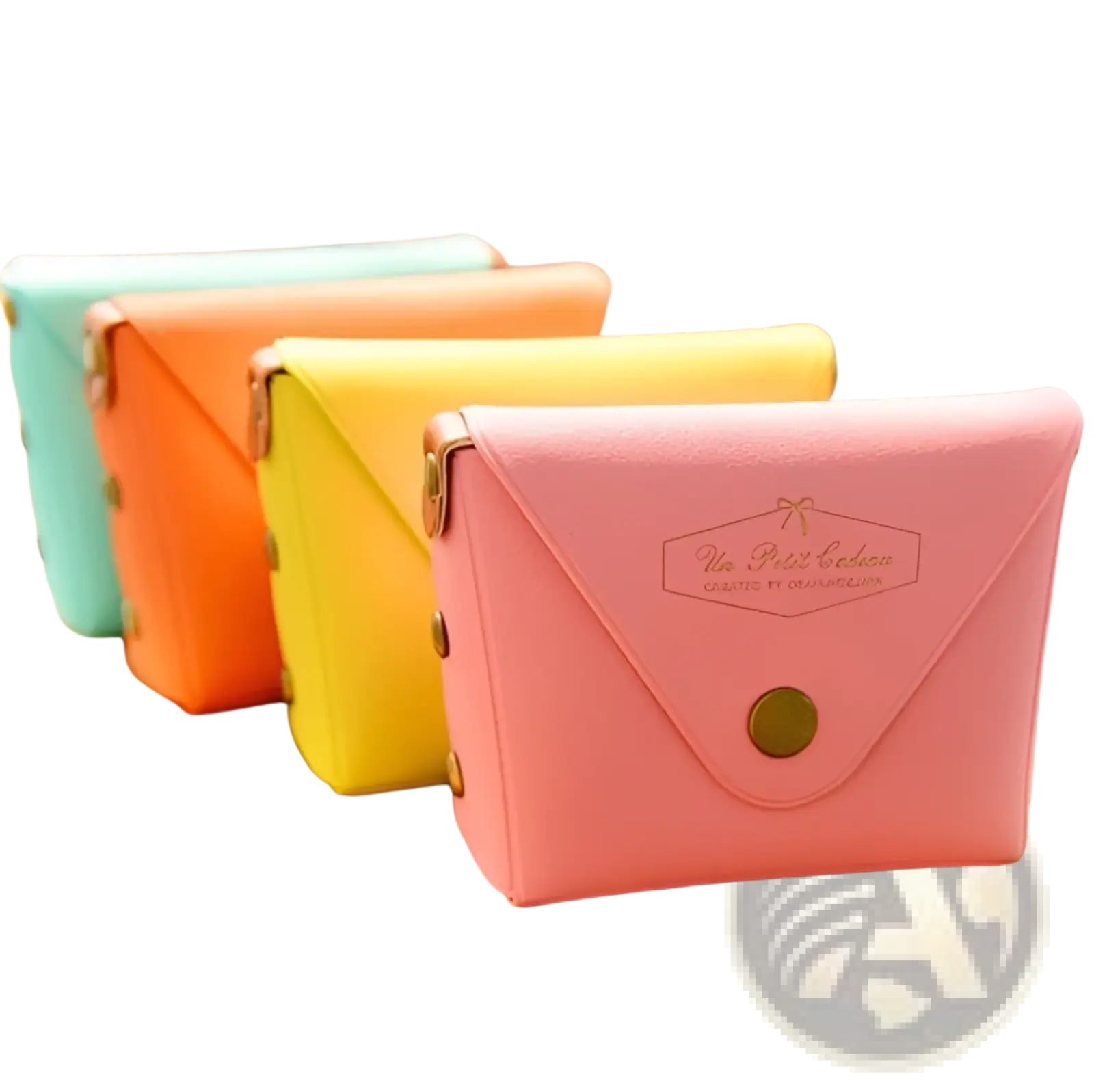 Pink faux leather envelope wallet with gold-tone clasp and embossed logo from macaron pastel coin purse set
