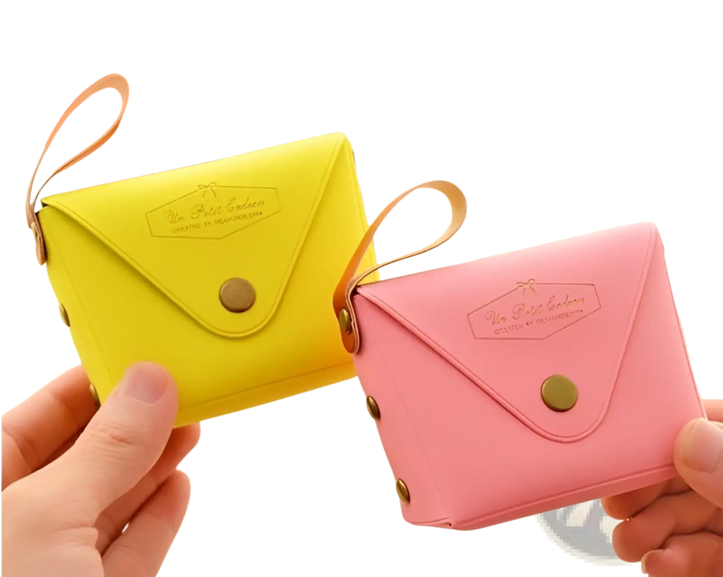 Macaron pastel leather and pvc coin purse set with pink and yellow faux leather envelope wallets and gold button closures